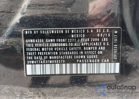 2015 Volkswagen Gti из США, поврежденный, VIN 3VW4T7AU3FM098379